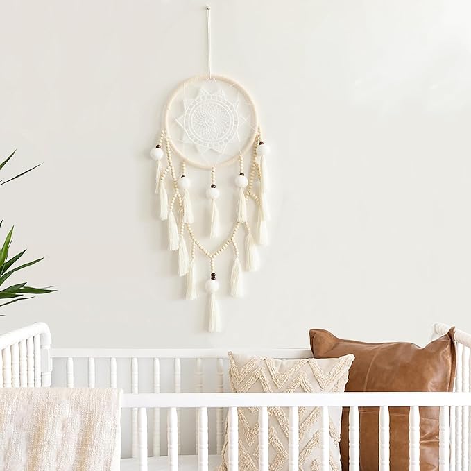 Macrame Dream Catcher Wall Decor with Pom Poms Large White Dreamcatcher Wood Beads Boho Wall Hanging, Handmade Tassels Ornament Room Decor for Girls Bedroom Living Room Weddings