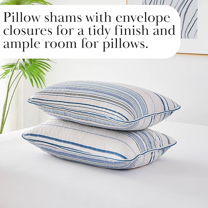 Southshore Fine Living, Inc. Oversized King Quilt Set, All Season Striped Blue Bedspread Set, 3-Piece Coastal Bedding, California/King Coverlet Sets with Shams, Soft Microfiber Quilt, Blue Stripes