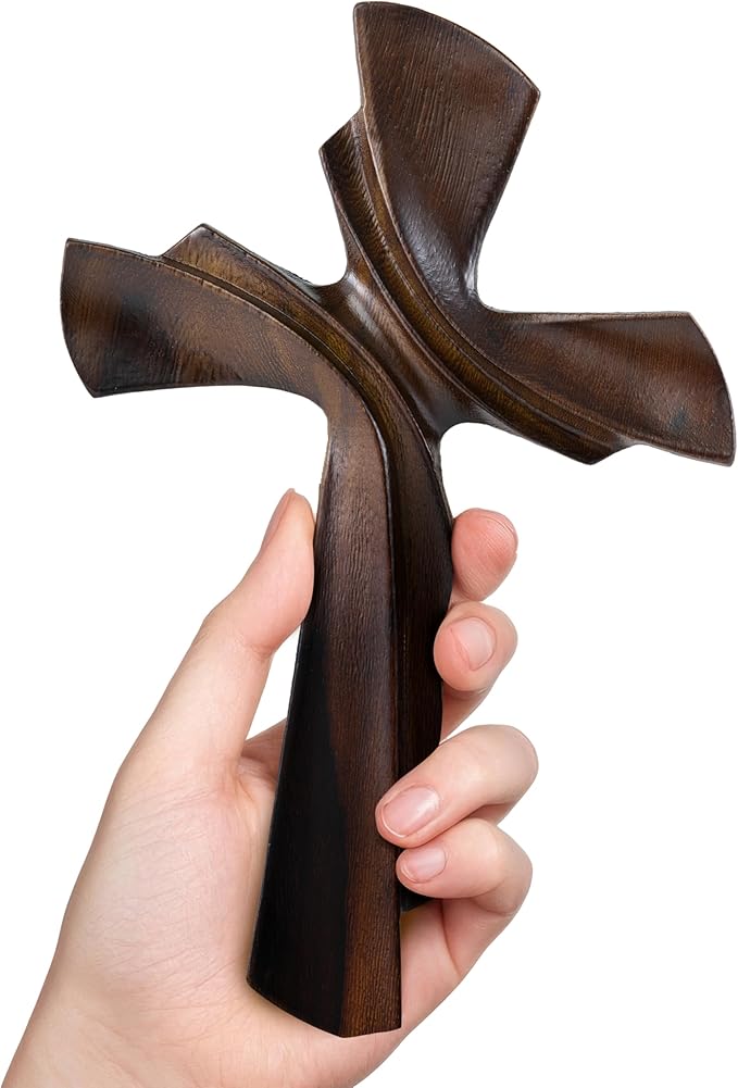 DAICAT - Hand-carved Cross,Wooden Cross for Wall Decor 9.8 In Rustic Crucifix Gift for Mom Wall Crosses Unique Gifts for Teen, Boy or Baptism (No 1)