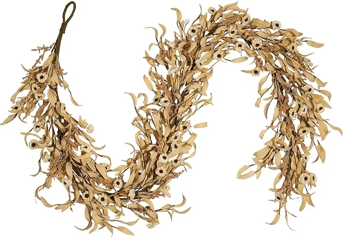 70 Inch White Floral Garland with Artificial Eucalyptus & Boxwood - Trailing Long Vine White for Mantel, Staircase, Wall Decor, All Season Farmhouse Decoration Indoor Outdoor