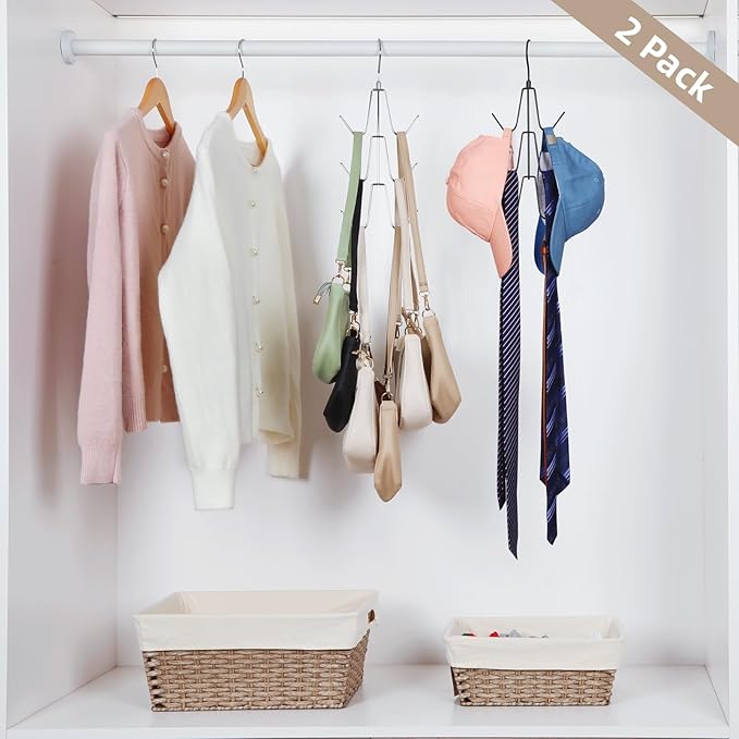 TOPIA HANGER Purse Hanger Organizer for Closet, 2-Pack Handbag Organizer Hanger, 360°Swivel Metal Purse Hooks, Bag Rack, Belt Organizer, Tie Rack, Scarf Hanger, Bag Storage Organizer, Silver