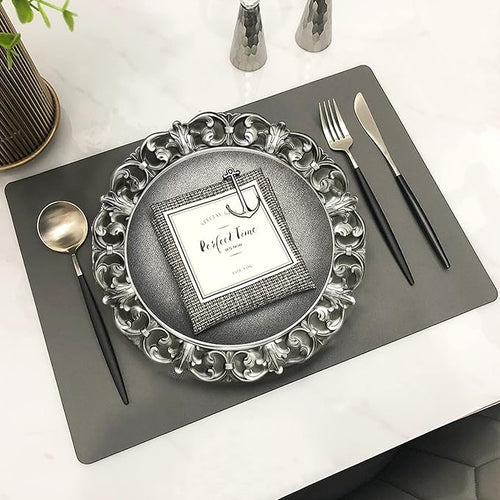 13" Antique Silver Charger Plates, Set of 6 Plastic Textured Chargers for Dinner Plates with Embossed Rim, Table Décor, Party, Wedding, Holiday