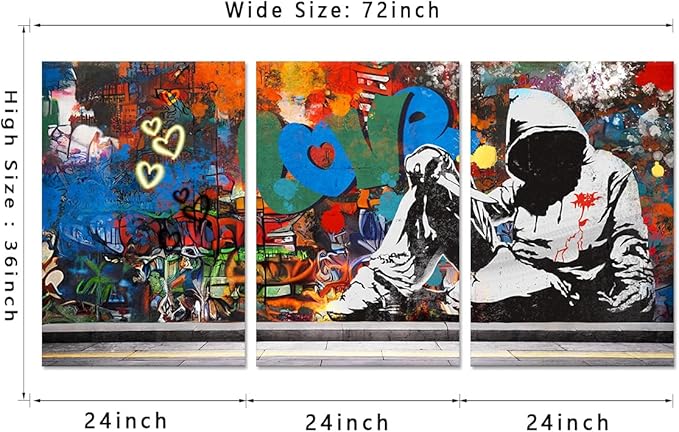 Novatique Colorful Graffiti Wall Art Street Wall Decor Graffiti Painting Picture Banksy Style Wall Art Modern Home Decor for Bedroom Living Room Office, 24"x 36"x 3Pcs