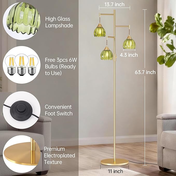 Dimmable Floor Lamp for Living Room, Bedroom, Gold Standing Lamp with 3pcs 6W Bulbs, Vintage Brass Floor Lamps for Corner, Nursery (Green Tulip)