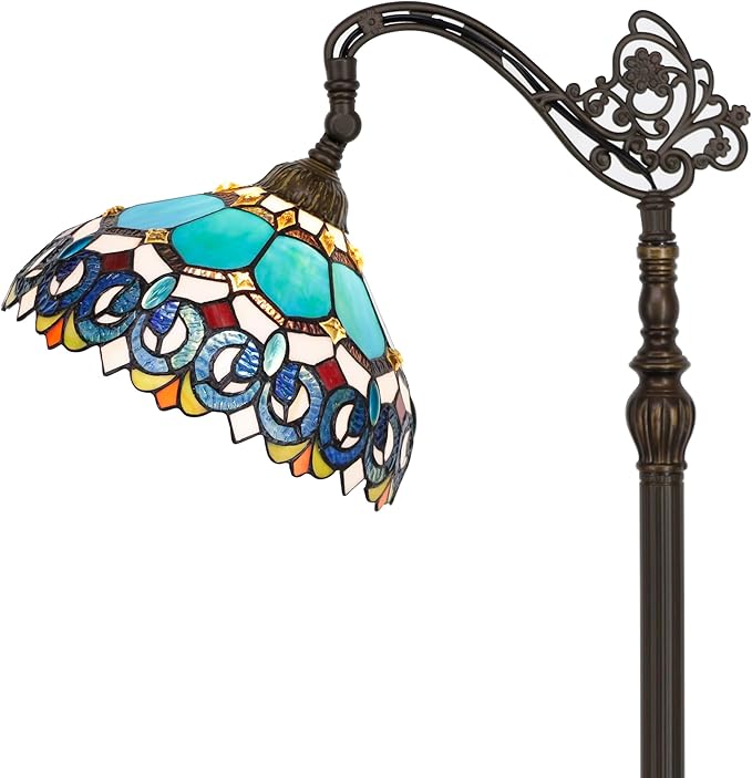 Tiffany Floor Lamp Stained Glass Lamp 18.88X12X67 Inch Angle Adjustable Arched Gooseneck Antique Reading Light (Blue Jewelry Baroque)