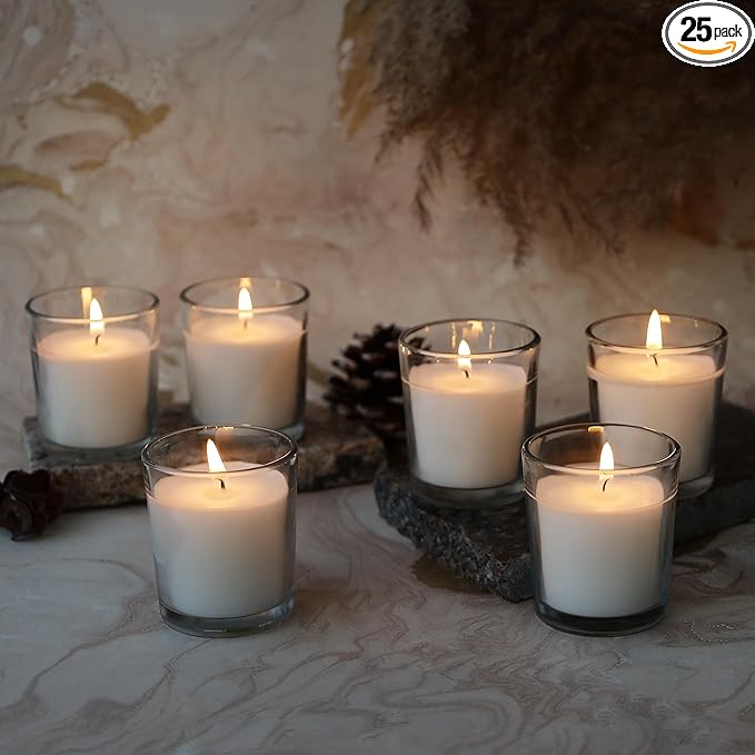 Welburn Veda&Co™ Glass Votive Candles - Pack of 25, Upto 15 Hours Burn Time, 100% Fully Refined Paraffin Wax, Smokeless, Unscented, Dripless, Ideal for Spa Weddings Birthdays, Parties, Centerpieces