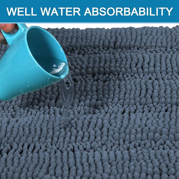 H.VERSAILTEX Bathroom Rug Sets 2 Piece Bath Mats Non Slip Thick Soft Chenille Striped Bath Rug achine Washable Shower Floor Rugs for Tub, Shower and Floor (Blue Indigo, 47"x17" Plus 20"x20" U)
