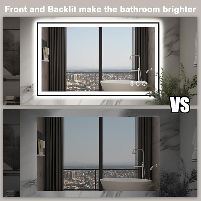 48x30 LED Bathroom Mirror - Black Aluminum Framed (Front and Backlit), Anti-Fog Lighted Vanity Mirror,Stepless 3 Colors Dimmable Lighted Smart Mirror(Horizontal/Vertical)