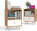 JAXPETY Set of 2 Modern Wood Nightstand, Bedside Table with Drawer, Bedside Furniture, Night Stand, End Table with Open Shelf and Solid Wood Legs for Home Bedroom, Brown