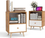 JAXPETY Set of 2 Modern Wood Nightstand, Bedside Table with Drawer, Bedside Furniture, Night Stand, End Table with Open Shelf and Solid Wood Legs for Home Bedroom, Brown