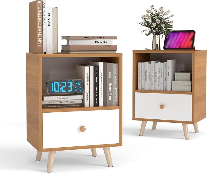 JAXPETY Set of 2 Modern Wood Nightstand, Bedside Table with Drawer, Bedside Furniture, Night Stand, End Table with Open Shelf and Solid Wood Legs for Home Bedroom, Brown