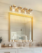 Bathroom Light Fixtures, 25" Brushed Gold Vanity Light, 4-Light Modern Wall Sconces with Square Clear Glass Shade, Vanity Lighting Fixtures Over Mirror, VL194-BG-4