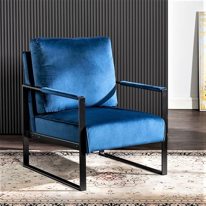Container Furniture Classic Mid Century Modern Accent Chair with Durable Square Metal Frame, Armchair for Living Room, Bedroom, Home Office in Plush Velvet Upholstery, Blue
