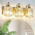3-Light Modern Gold Bathroom Vanity Lights Brushed Brass Lighting Fixtures Over Mirror, Bathroom Vanity Lighting with Crystal Shade Wall Sconce E26 Base for Bedroom Livingroom Restroom Wall Lamp