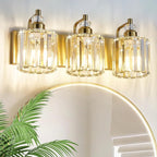 3-Light Modern Gold Bathroom Vanity Lights Brushed Brass Lighting Fixtures Over Mirror, Bathroom Vanity Lighting with Crystal Shade Wall Sconce E26 Base for Bedroom Livingroom Restroom Wall Lamp