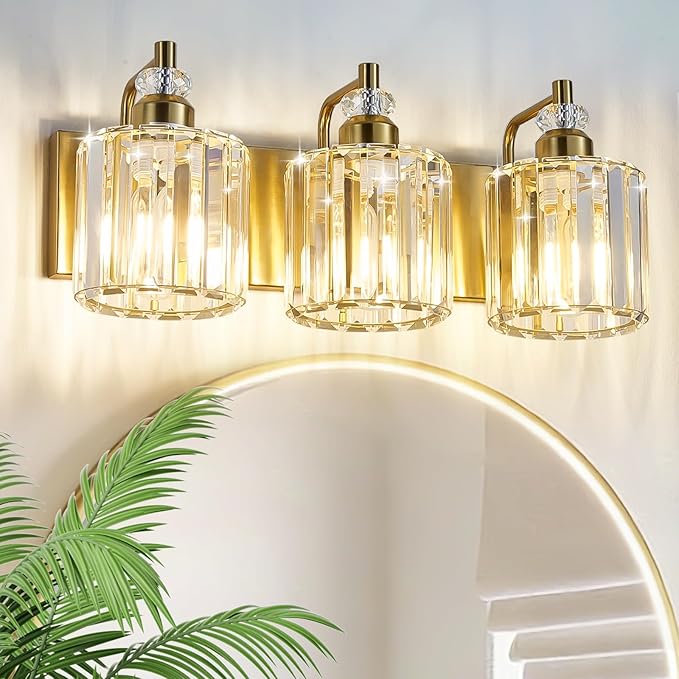 3-Light Modern Gold Bathroom Vanity Lights Brushed Brass Lighting Fixtures Over Mirror, Bathroom Vanity Lighting with Crystal Shade Wall Sconce E26 Base for Bedroom Livingroom Restroom Wall Lamp
