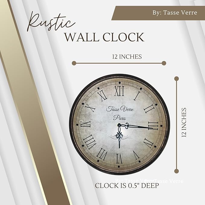 Tasse Verre 12 Inch Vintage Wall Clock - Farmhouse Decor Distressed White Washed Mechanical Quiet Silent - Retro Vintage Hanging Brown Non-Ticking Round