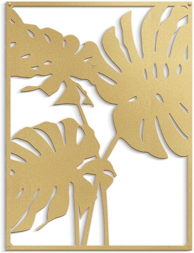 SIGNLEADER Metal Wall Art Decor Two Tropical Monsteras Leaf Minimalist Modern Abstract Wall Sculpture Hangings Home Decoration for Living Room, Bedroom, Bathroom, Kitchen, Outdoor - 30" Gold