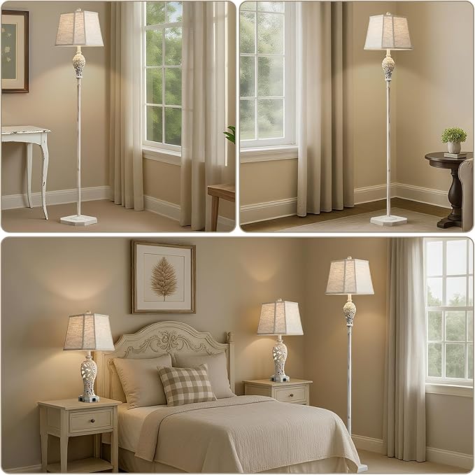 65'' Rustic Floor Lamp for Living Room with 2 Light Sources, Hollow Out Nightlight Resin Farmhouse Tall Standing Lamp for Bedroom Office Corner, Bulb Included (Wash White)