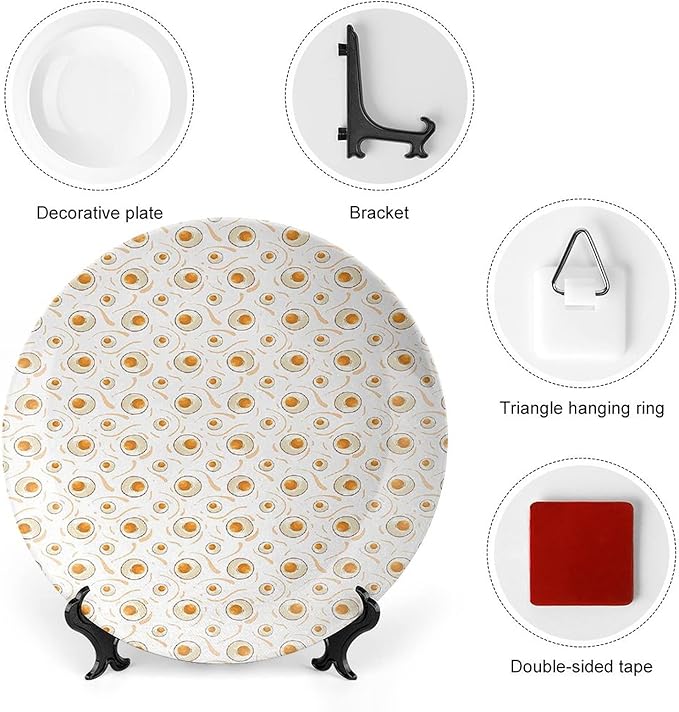 Decorative Plates, AST Food Print Ornament, Pattern with Fried Eggs Healthy Protein, 8 Inch, Kitchen Wall Decor, Marigold Peach Cream