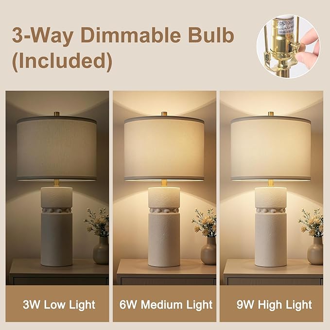 24" Ivory Modern Ceramic Bedside Table Lamps Set of 2, Boho Tables Lamps for Living Room with 3-Way Dimmable Bulb, Rustic Nightstand Lamp with Linen Shade for Bedroom Office (Bulbs Included)