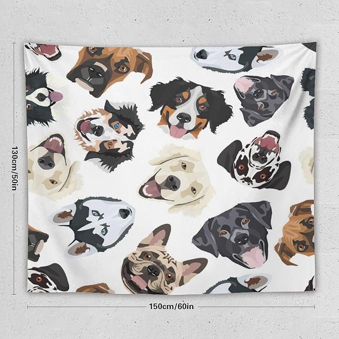 VUMIVI Dog-Head Tapestry Cartoon Pet Illustrations Cute Funny Animals Colorful Graffiti Tapestry Wall Hanging for Living Room Bedroom Dorm Classroom Aesthetic Decor W60xL50in