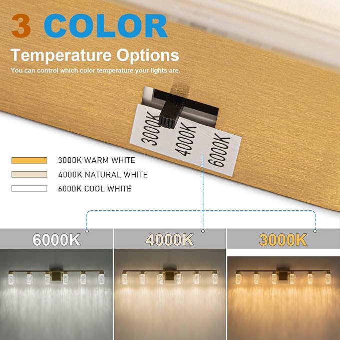 SineRise 6-Light Gold Vanity Light with 3 Color Modes (3000K/4000K/6000K), Eye Protection LED Bathroom Light Fixture, Dimmable Modern Wall Light Over Mirror with Clear Glass Shade