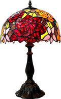 KY&BOSAM Tiffany Style Table Lamp Stained Glass Red Rose Desk Lamp Lights 19 Inch Tall Glass 12 Inch Wide Shade Beside Lamp1 Bulb Antique Zinc Base for Home Living Room Bedroom Kitchen Table Top Décor