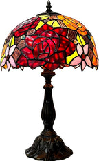 KY&BOSAM Tiffany Style Table Lamp Stained Glass Red Rose Desk Lamp Lights 19 Inch Tall Glass 12 Inch Wide Shade Beside Lamp1 Bulb Antique Zinc Base for Home Living Room Bedroom Kitchen Table Top Décor