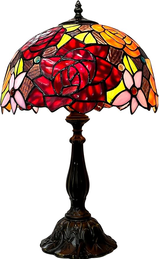 KY&BOSAM Tiffany Style Table Lamp Stained Glass Red Rose Desk Lamp Lights 19 Inch Tall Glass 12 Inch Wide Shade Beside Lamp1 Bulb Antique Zinc Base for Home Living Room Bedroom Kitchen Table Top Décor