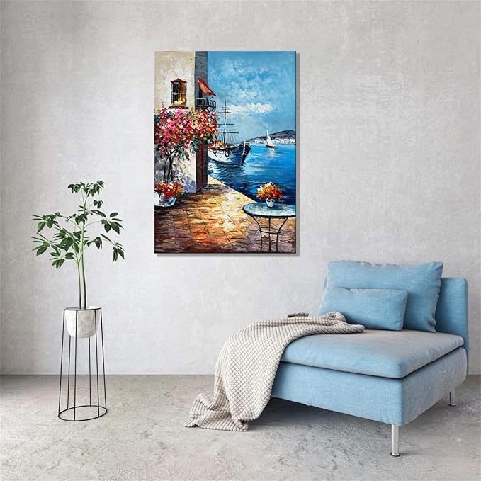 Alenoss Handmade Mediterranean Landscape Painting - 28x40 Inches Large 3D Wall Art for Home Decorations - Framed Abstract Canvas Wall Art - Contemporary Texture Wall Decor