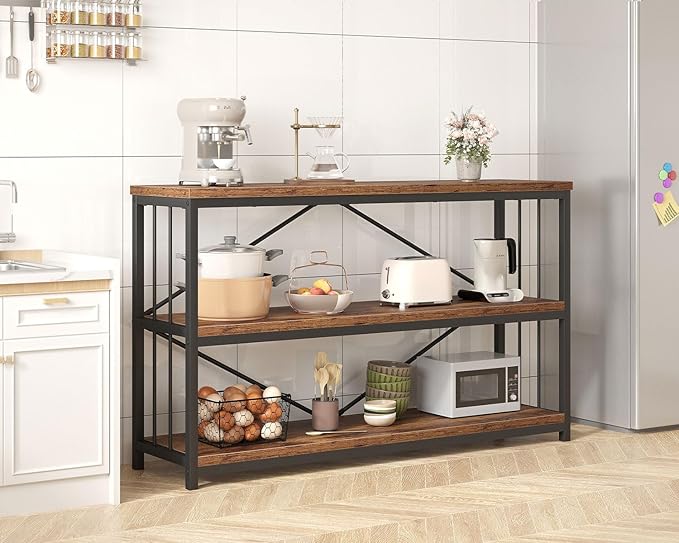 IBF Farmhouse Low 3 Tier Bookshelf, Industrial Rustic Horizontal Wood Bookcase, Modern Wide Open Metal Etagere with Storage, Vintage Book Shelf for Office Bedroom Living Room, Rustic Brown, 47 Inch