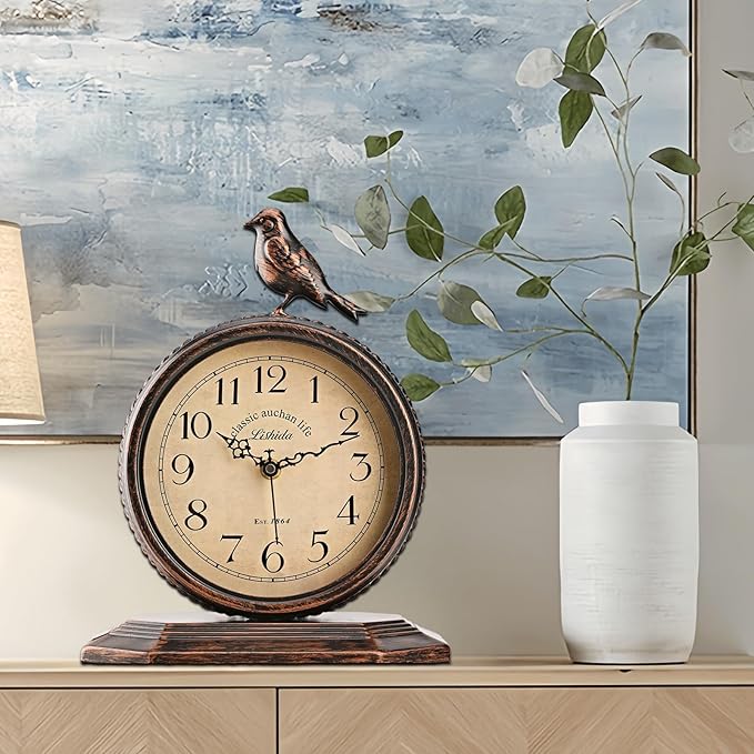 8-Inch Antique Mantel Clocks For Living Room, Retro Table Metal Silent Clocks For Fireplace, Easy To Read Decorative Mantel Clocks With Top Bird For Bedroom, Office, Desktop (Arabic Numerals)