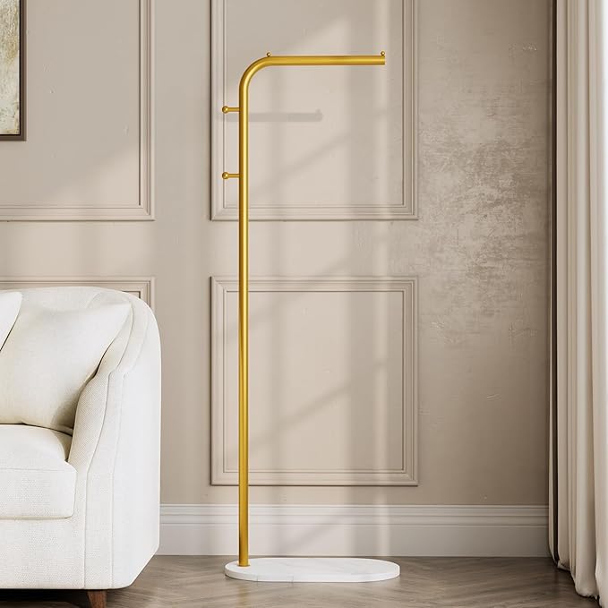 Gold clothing rack for small Spaces,Modern clothes racks for hanging clothes,7-shaped coat rack Freestanding with Marble Base and 2 Hooks coat hanger stand for Jackets, Coats, Hats (gold)