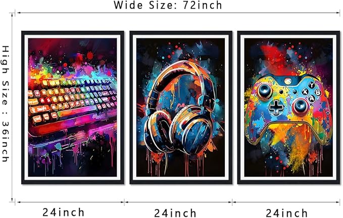 Novatique Game Wall Decor Cool Gaming Wall Art Pop Street Art Canvas Prints Video Gamer Watercolor Poster Framed for Living Room Bedroom,24" x 36" x 3pcs