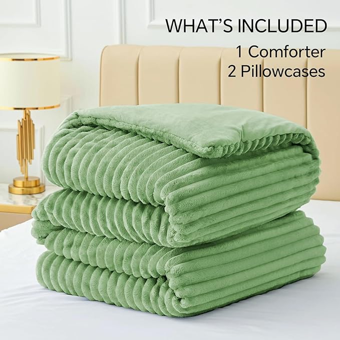 BEDELITE Fleece Full Comforter Set -Super Soft & Warm Fluffy Green Bedding, Luxury Fuzzy Heavy Bed Set for Winter with 2 Pillow Cases