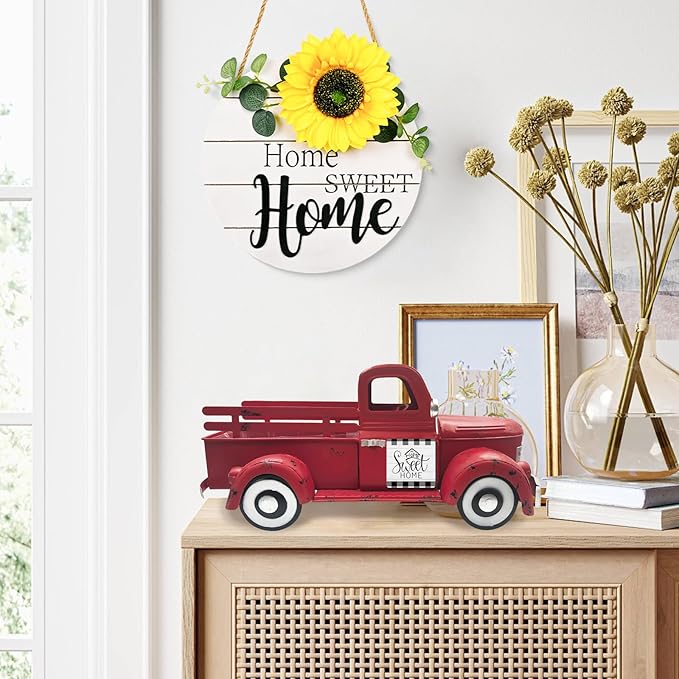 Valentine's day Truck Decor 13.4 Inch Farmhouse Vintage Metal Truck with 12 Magnets Valentines Day Table Decorations for Home Kitchen Mantel Spring Garden Interchangeable Seasonal Decor