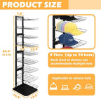 Hat Display 9 Tier, Hat Rack Stand Up to 70 Caps, Metal Hat Stands for Multiple Hats, Commercial Retail Hats Display, Black