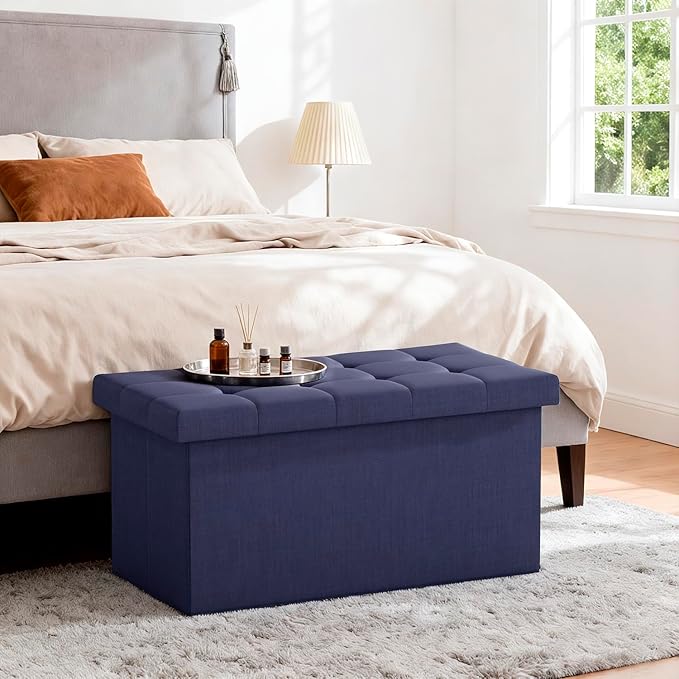 FDW 30 Inches Folding Storage Ottoman Bench, End of Bed Foot Rest Stools Ottoman Storage Chest, Holds up to 660 lb, for Entryway, Living Room, Bedroom, Blue