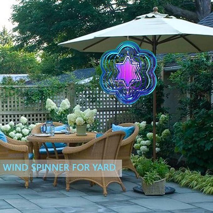 Wind Spinner Outdoor Metal 3D Wind Spinner Hanging Yard Garden Decor Gifts Stainless Steel Six-Pointed Star Spinners with 360° Rotating Hook