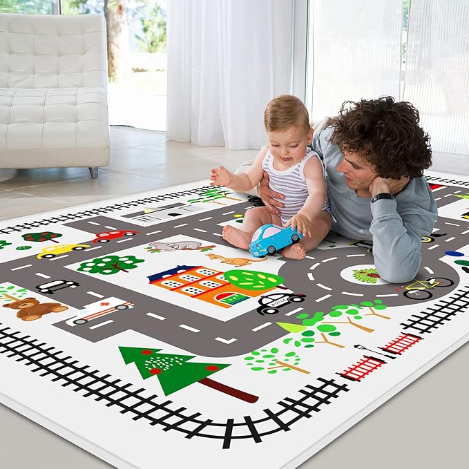 5x7ft Kids Town Road Play Rug - Car Playmat, Kids Rugs for Playroom Car Mat Town City Road Traffic Rugs, Extra Large Boys Kid Cars Track Play Rug (Style Five, 78.7X 59 INCH)