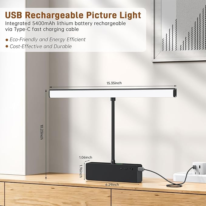 Picture Light, 15.35inch Wireless Picture Lights for Wall Rechargeable, 5400mAh Battery Wall Light with Remote, 3 Color Art Lighting for Paintings with Timer and Dimmable Artwork Display (Black-2PCS)