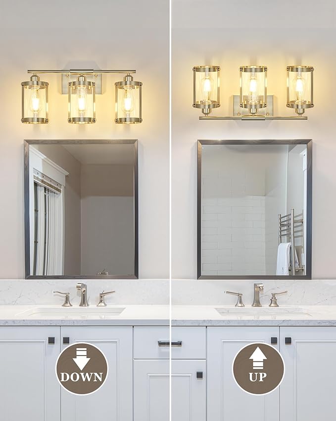3-Light Brushed Nickel Bathroom Light Fixtures, 21 Inch Modern Bathroom Vanity Lighting Fixtures Over Mirror with Clear Glass and Metal Cage Wall Sconce Lights for Bath, E26, OS-3014BN-3W