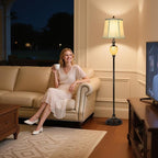 Vintage Floor Lamp with Nightlight, 64" Tall Lamp with Beige Faux Silk Shade, Rotary Switch, Farmhouse Design Brown Standing Lamp for Living Room Bedroom Office Dining Room Corner (LED Bulb Included)