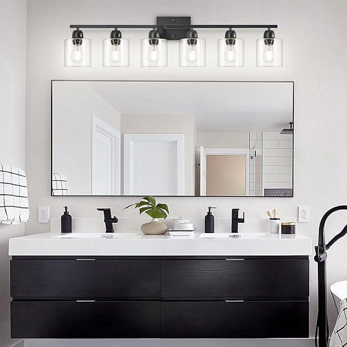 Black 6-Light Bath Vanity Lights for Mirror, Restroom Lights Fixtures with with Clear Glass Shades,Bathroom Over Sink Light Fixtures, Bathroom Light Fixtures Over Mirror