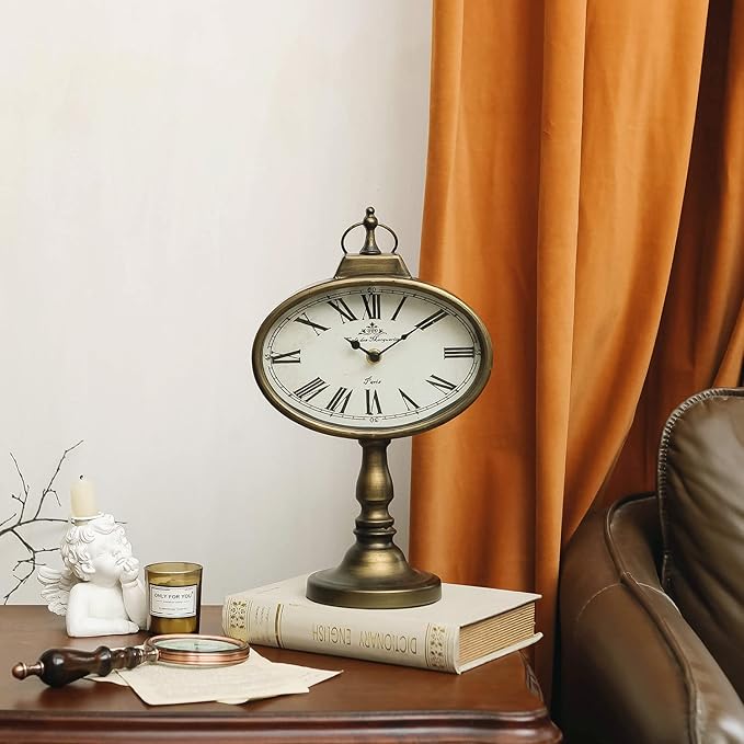 NIKKY HOME Antique Mantel Clock, Gold Retro Desk Clock Silent-Non-Ticking Battery Operated Decorative Desk Table Clock for Home, Office, Living Room, Bed Room