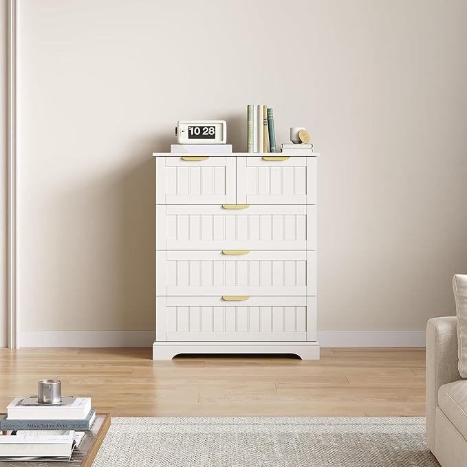 5 Wooden Drawer Dresser for Bedroom Storage, Modern Farmhouse Wood Chest of Drawers with Metal Handles, Wide Storage Cabinet for Closet, Living Room, or Entryway White
