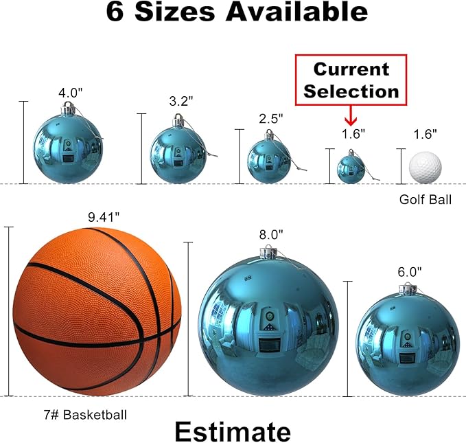 Baby Blue 1.6" Small Christmas Balls Christmas Tree Decoration Ornaments Shatterproof Hanging Balls for Birthday Halloween Holiday Wedding Decorations Set of 24pcs