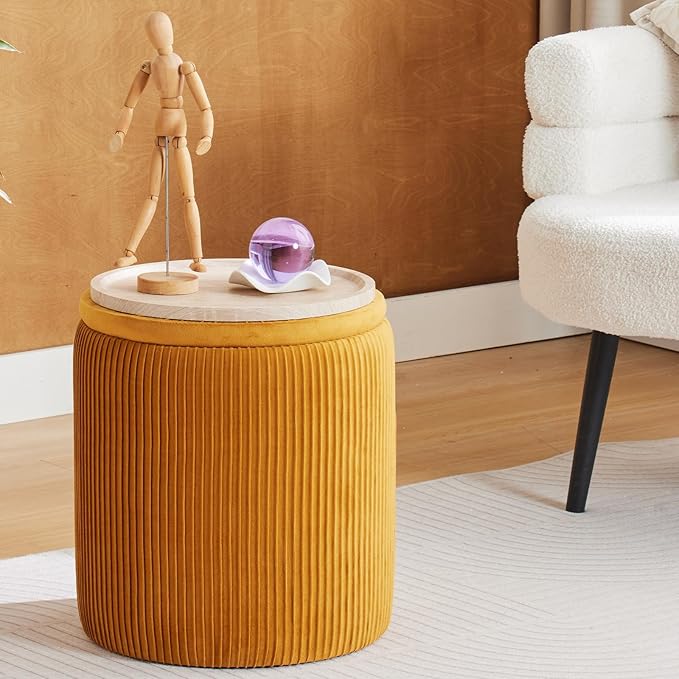 Round Ottoman with Storage Set of 2-Upholstered Velvet Vanity Stool for Makeup Multifunctional Ottomans Coffee Table Padded Seat Foot Rest (Yellow-Upgrade Taray Lid)