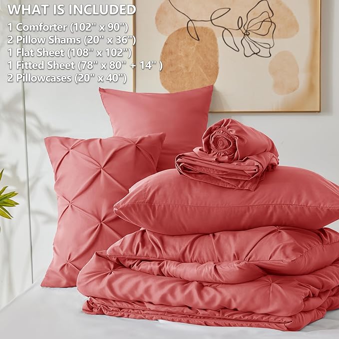 CozyLux King Size Comforter Set Coral, 7 Pieces Pintuck Bed in A Bag Coral Comforter King Size, Pinch Pleat Bedding Set with All Season Comforter, Flat Sheet, Fitted Sheet, Pillowcases & Shams